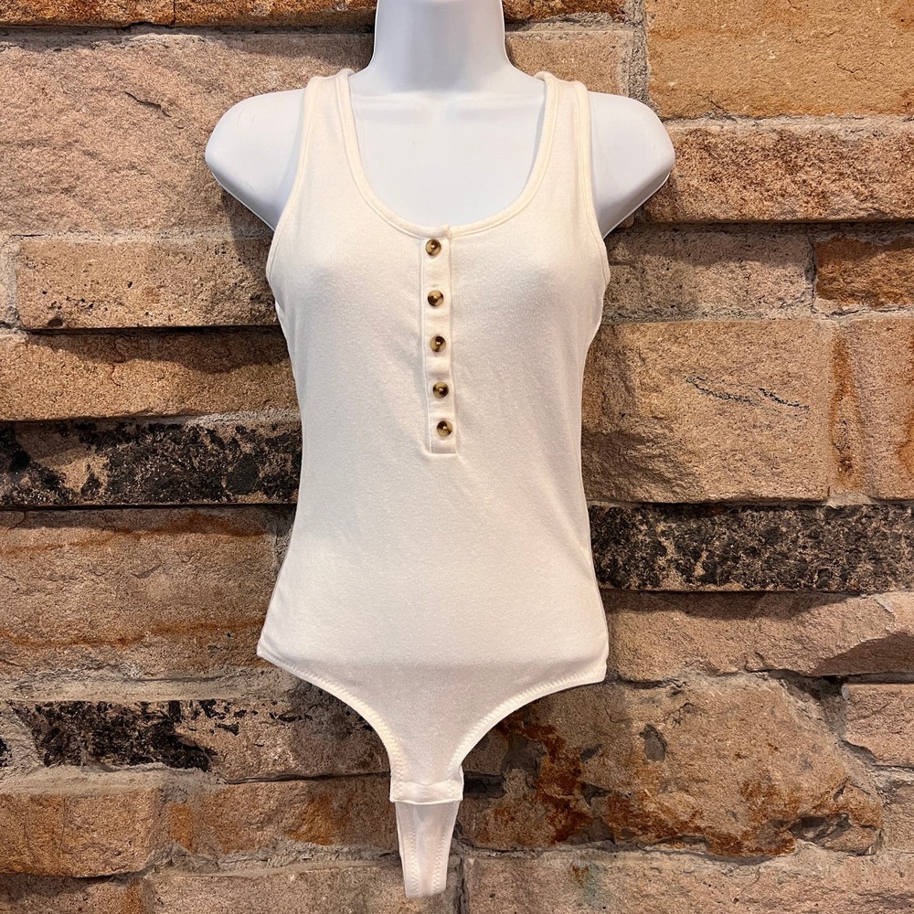 Madewell Indie Henley Neutral Cream Tank Top Thong Bodysuit Sz Small
